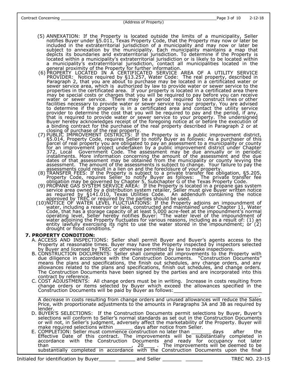TREC Form 23-15 New Home Contract (Incomplete Construction) - Texas, Page 3