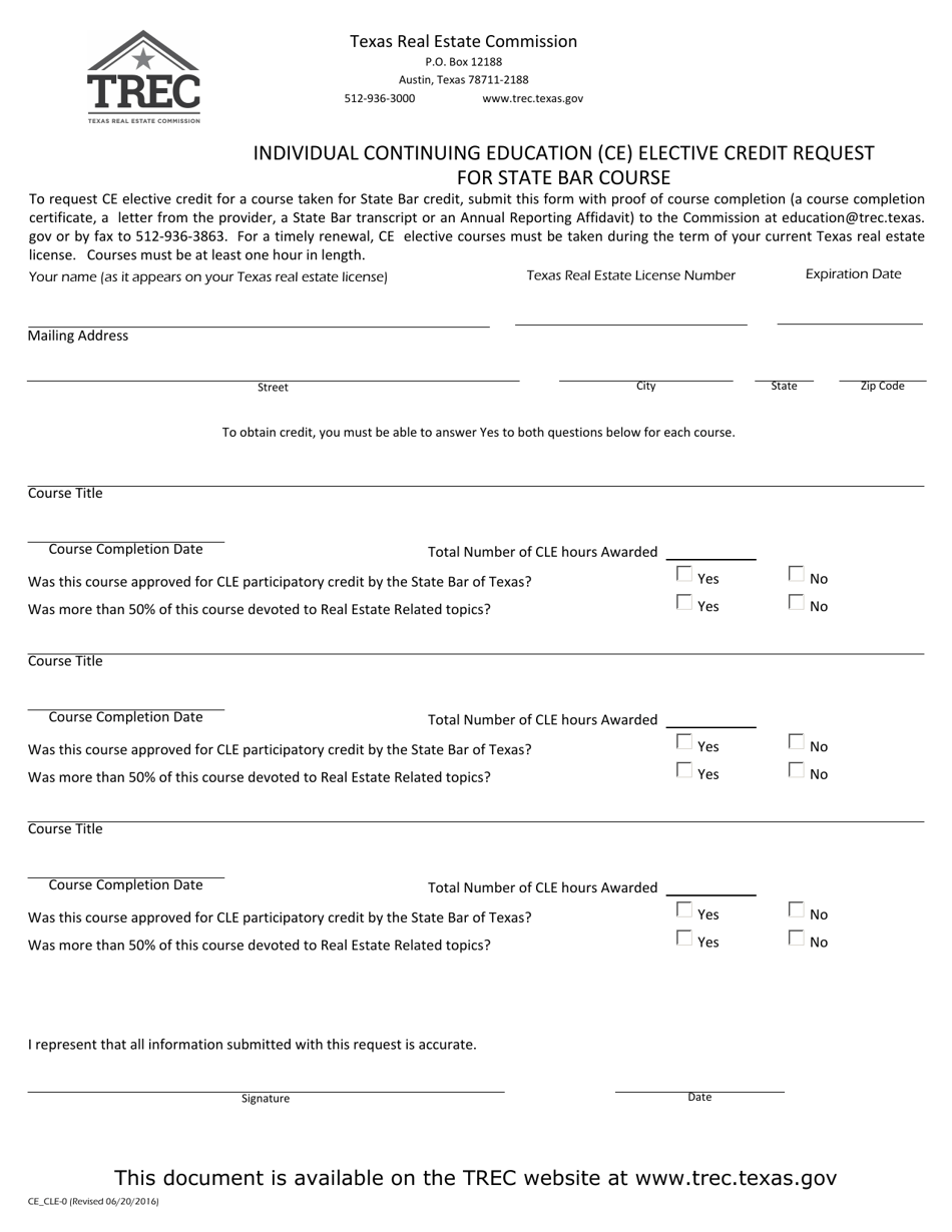 Form CE_CLE-0 Individual Continuing Education (Ce) Elective Credit Request for State Bar Course - Texas, Page 1