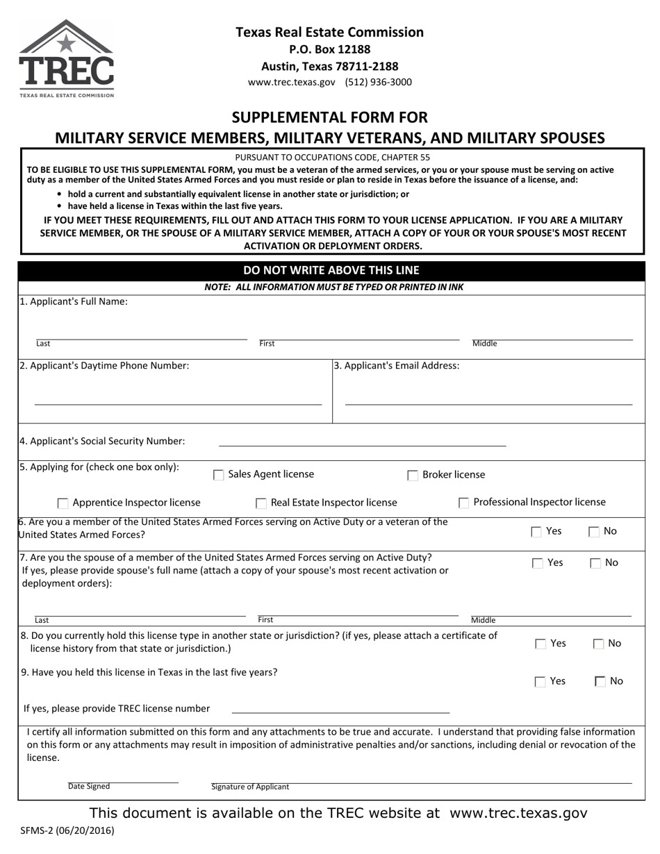 TREC Form SFMS-2 Supplemental Form for Military Service Members, Military Veterans, and Military Spouses - Texas, Page 1