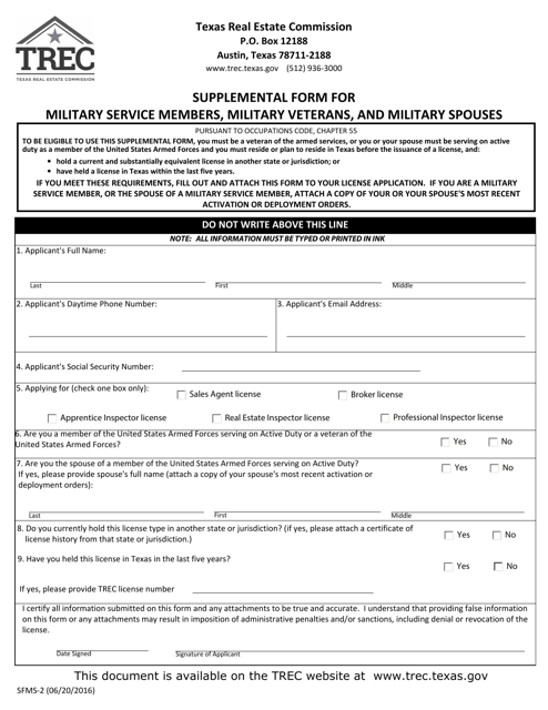 TREC Form SFMS-2 Supplemental Form for Military Service Members, Military Veterans, and Military Spouses - Texas