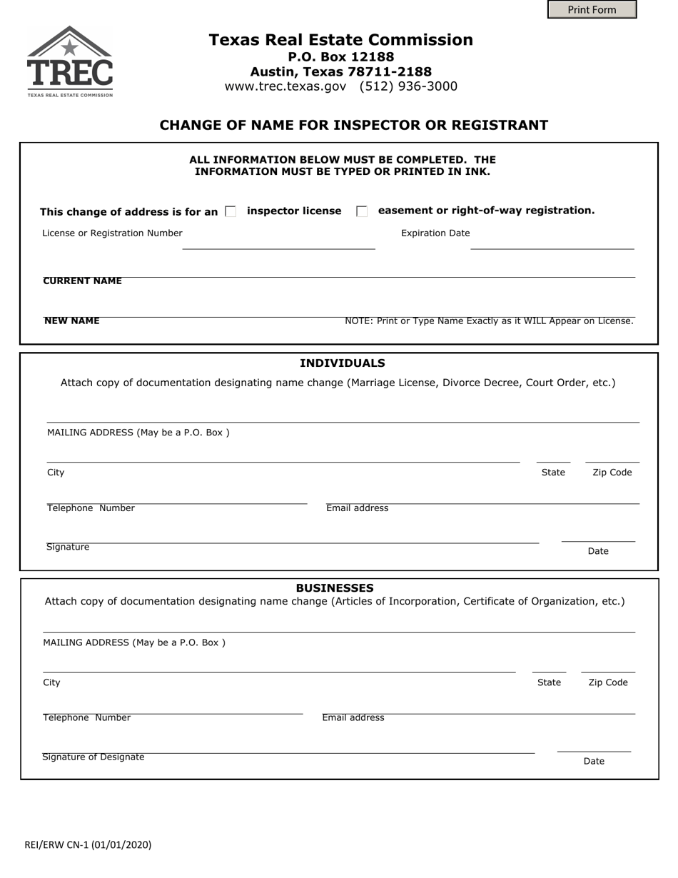 Form REI / ERW CN-1 Change of Name for Inspector or Registrant - Texas, Page 1