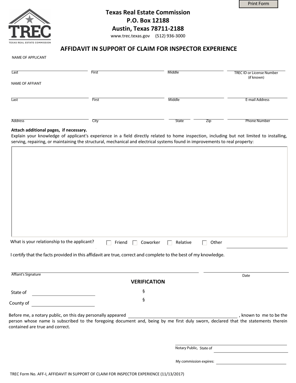 TREC Form AFF-I Affidavit in Support of Claim for Experience - Texas, Page 1