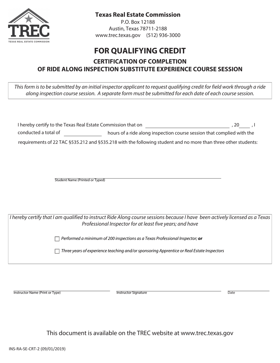 Form INS-RA-SE-CRT-2 For Qualifying Credit Certification of Completion of Ride Along Inspection Substitute Experience Course Session - Texas, Page 1