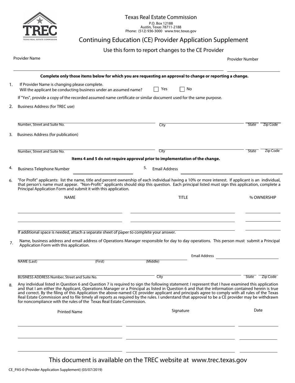 Form CE_PAS-0 Continuing Education (Ce) Provider Application Supplement - Texas, Page 1