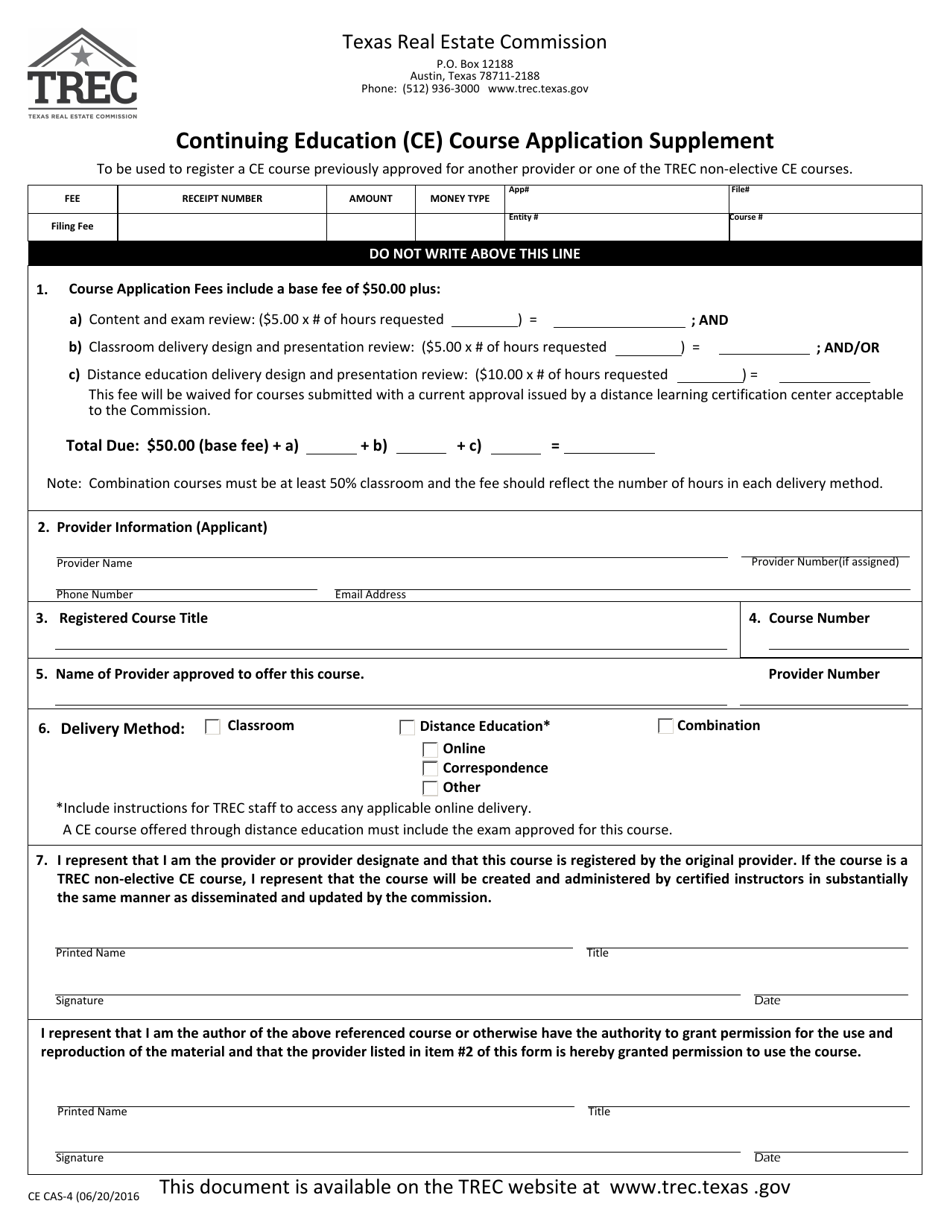 TREC Form CE CAS-4 Continuing Education (Ce) Course Application Supplement - Texas, Page 1