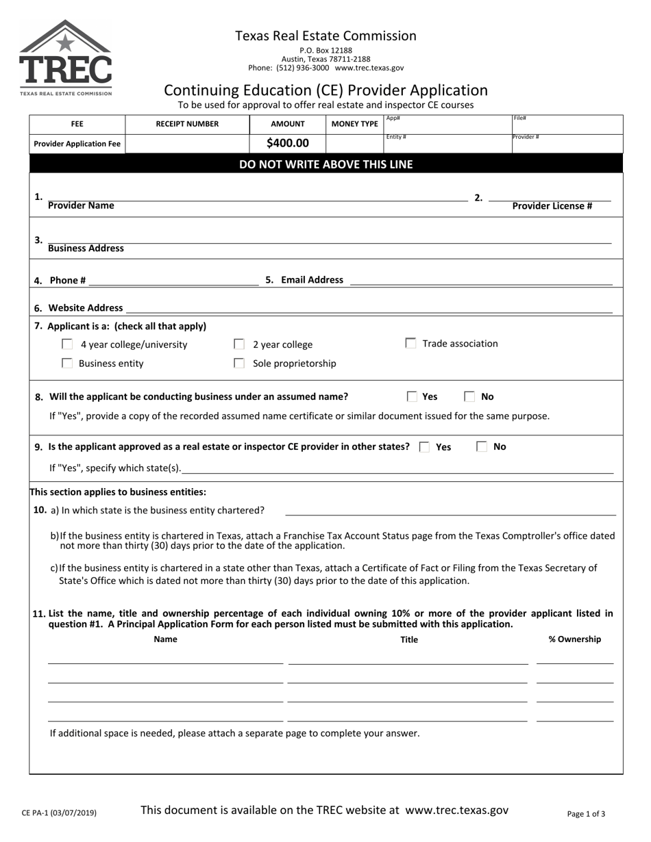 TREC Form CE PA-1 Continuing Education (Ce) Provider Application - Texas, Page 1
