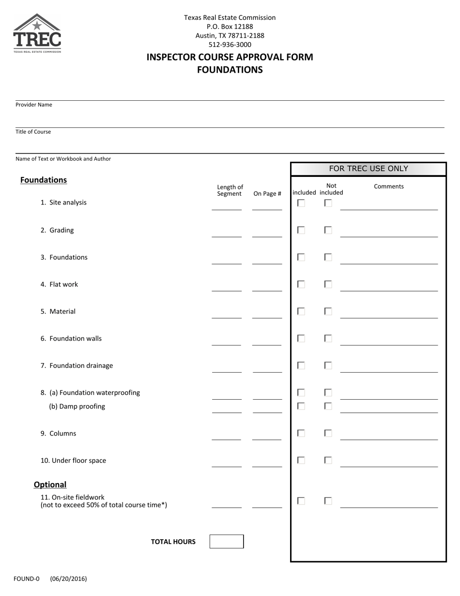Form FOUND-0 Inspector Course Approval Form Foundations - Texas, Page 1