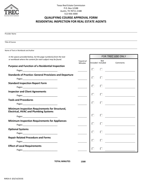 Form RIREA-0 Qualifying Course Approval Form Residential Inspection for Real Estate Agents - Texas
