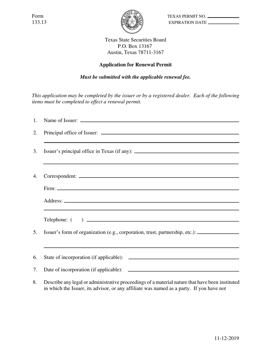 Form 133.13 Application for Renewal Permit - Texas, Page 1
