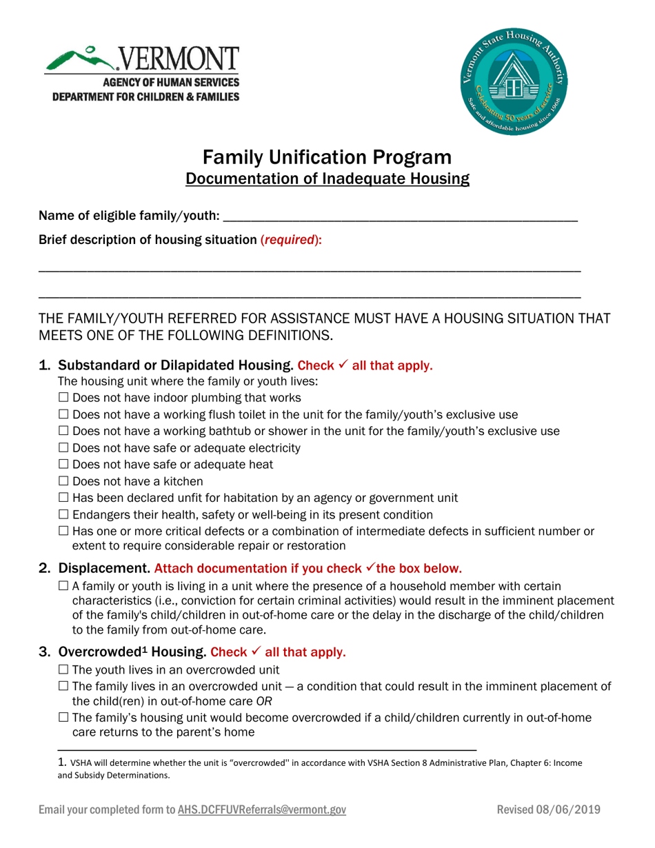 Vermont Documentation Of Inadequate Housing Fill Out Sign Online And 