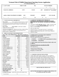 Document preview: Hunting and Fishing License Application - Vermont