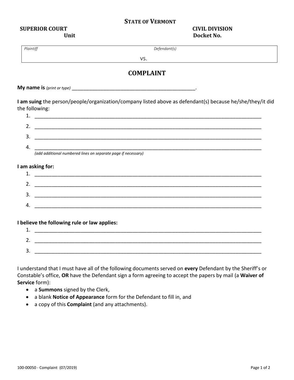 Form 100-00050 Complaint - Vermont, Page 1