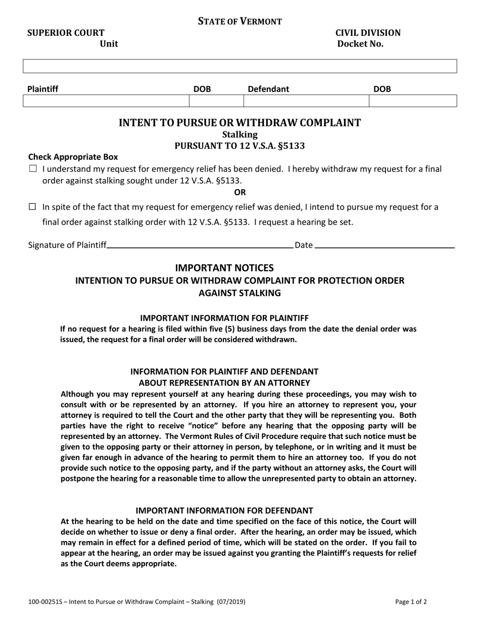 Form 100-00251S Intent to Pursue or Withdraw Complaint - Stalking - Vermont, Page 1