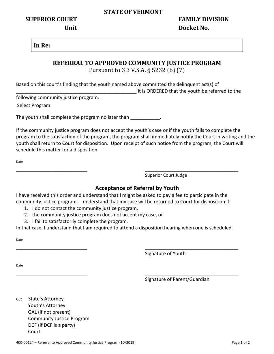 Form 400-00124 Referral to Approved Community Justice Program - Vermont, Page 1