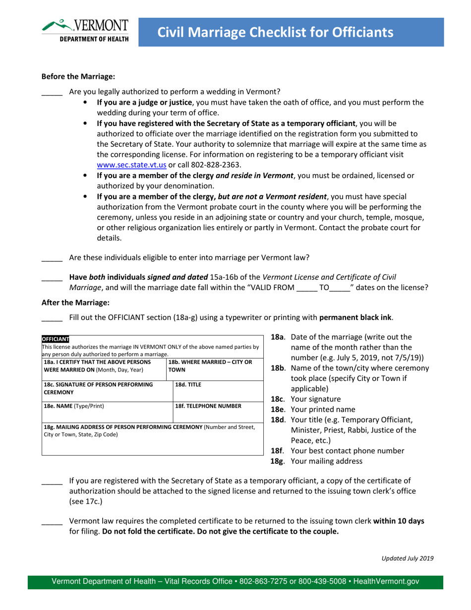 Civil Marriage Checklist for Officiants - Vermont, Page 1