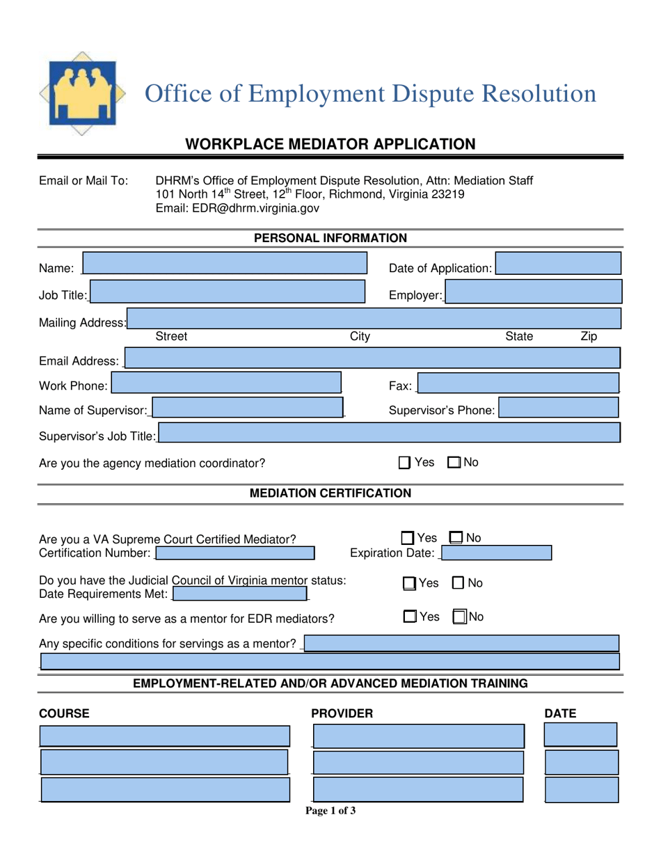 EDR Form I Workplace Mediator Application - Virginia, Page 1