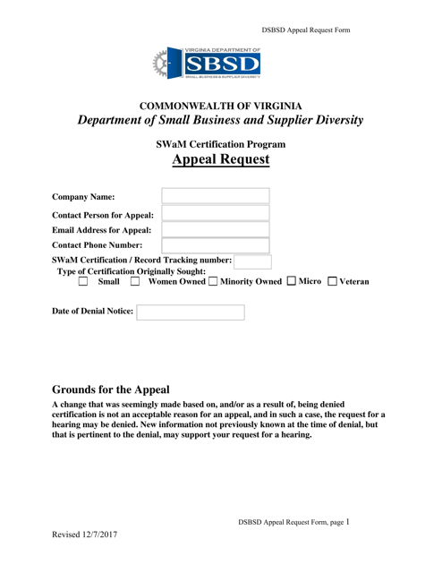 Swam Certification Program Appeal Request - Virginia