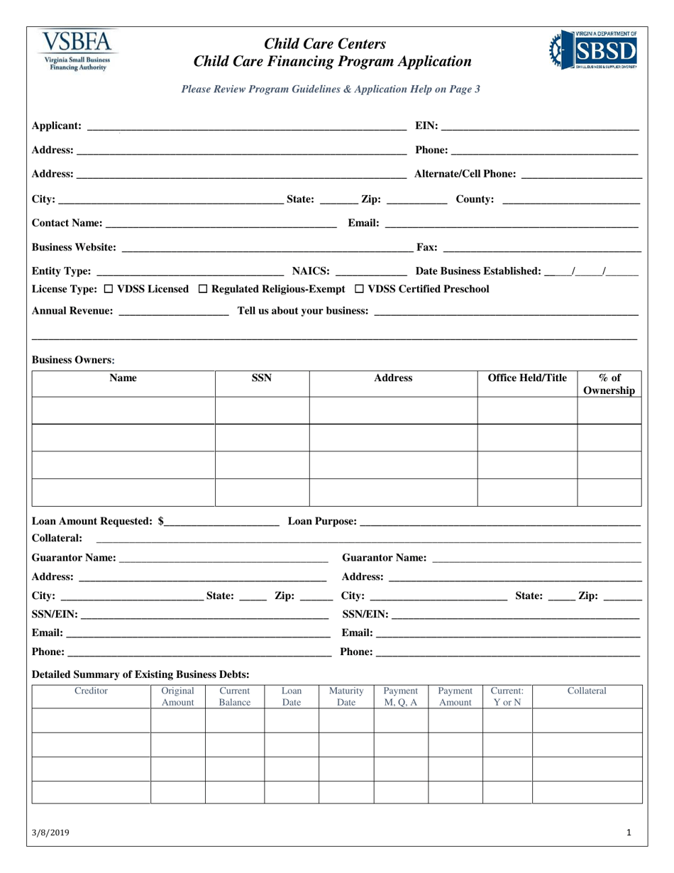Child Care Centers Child Care Financing Program Application - Virginia, Page 1