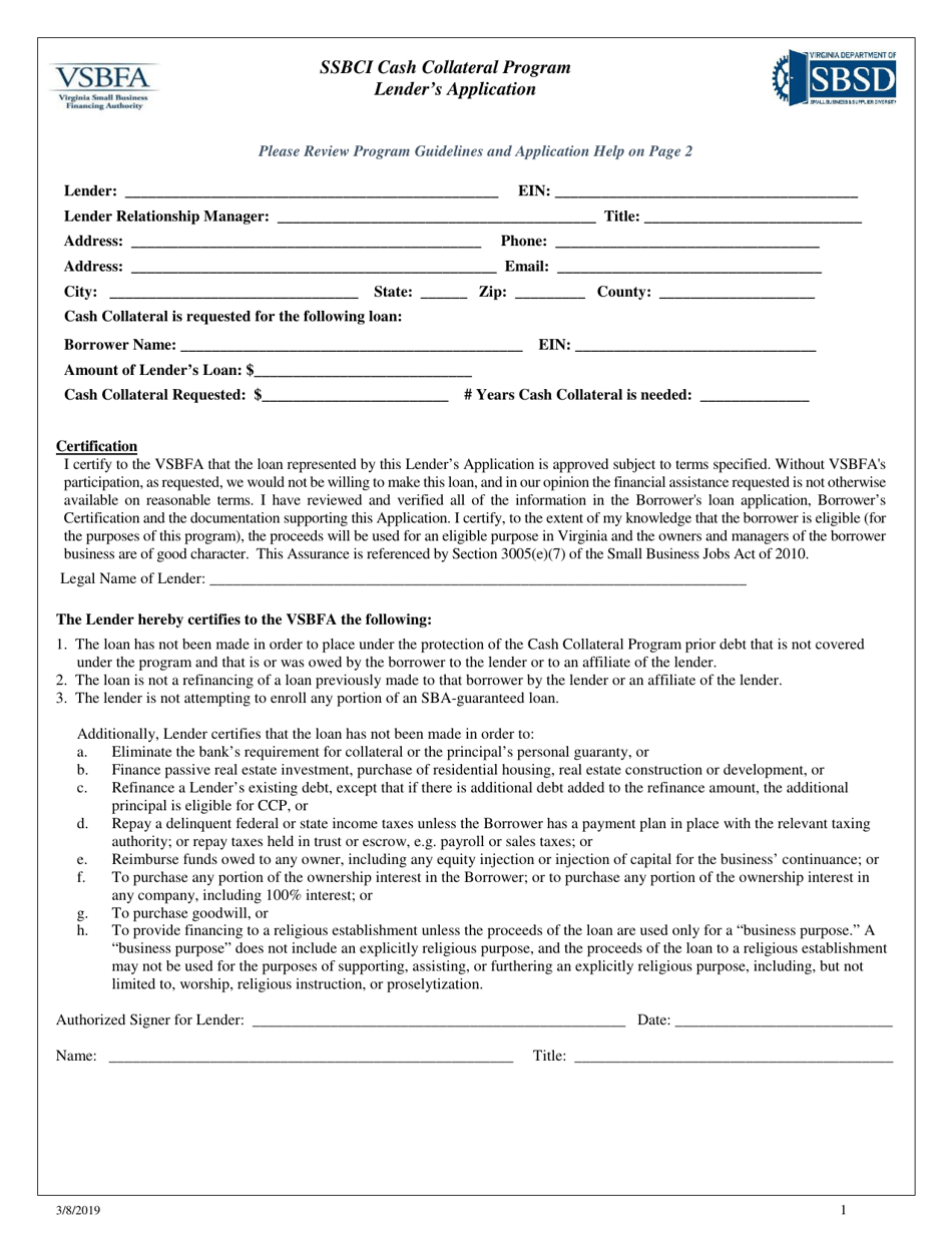 Ssbci Cash Collateral Program Lenders Application - Virginia, Page 1