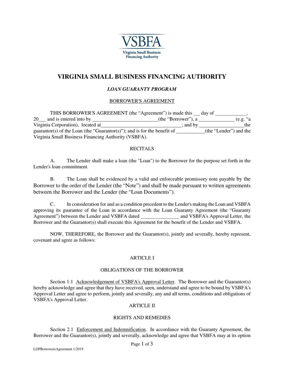 Loan Guaranty Program Borrowers Agreement - Virginia, Page 1