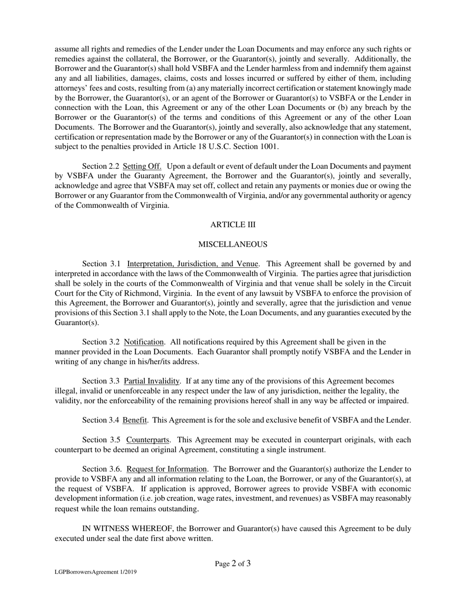 Loan Guaranty Program Borrowers Agreement - Virginia, Page 2
