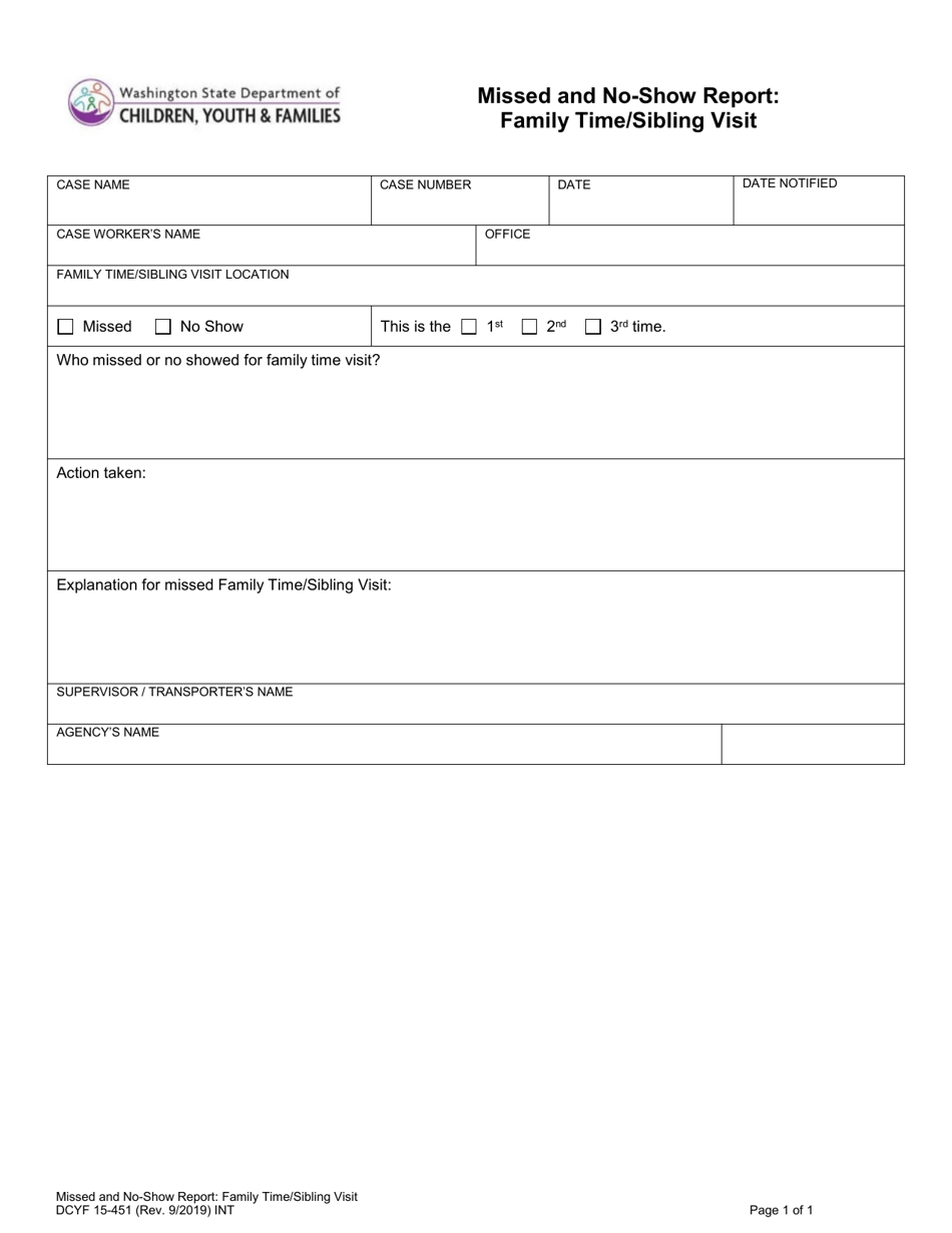 DCYF Form 15-451 Missed and No-Show Report: Family Time / Sibling Visit - Washington, Page 1