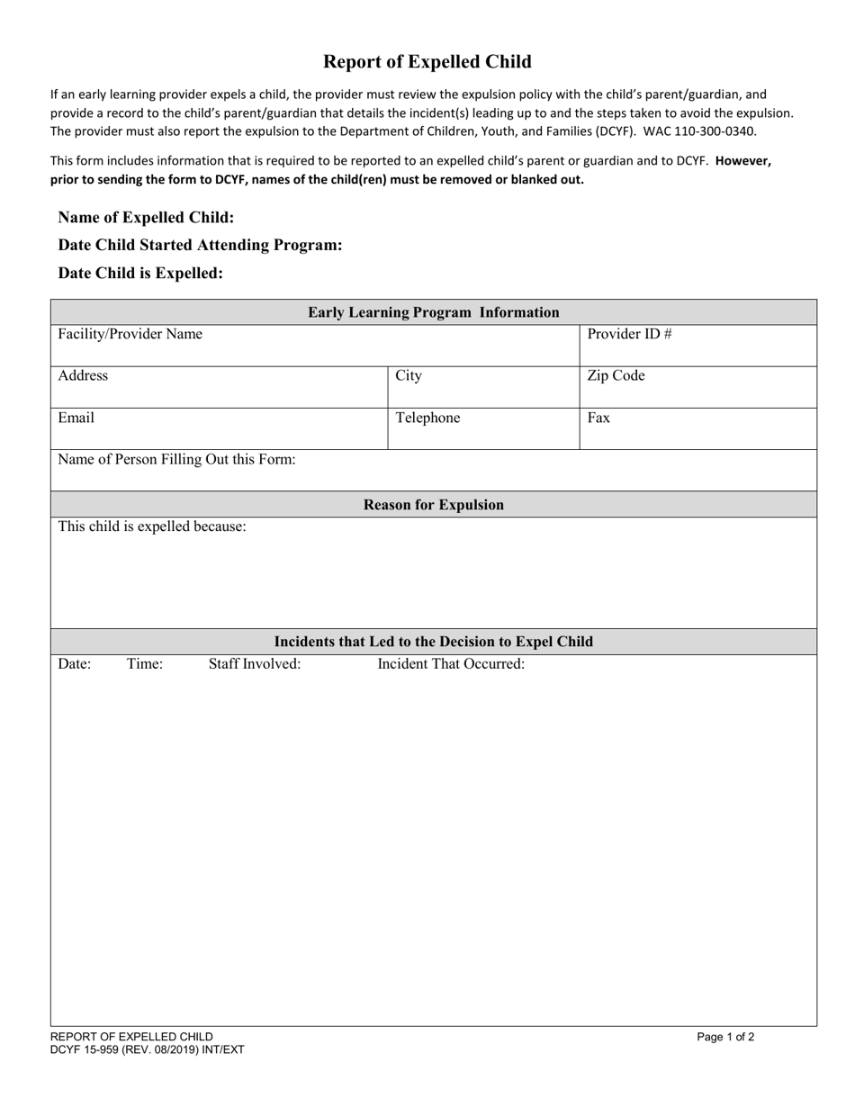 DCYF Form 15-959 Report of Expelled Child - Washington, Page 1