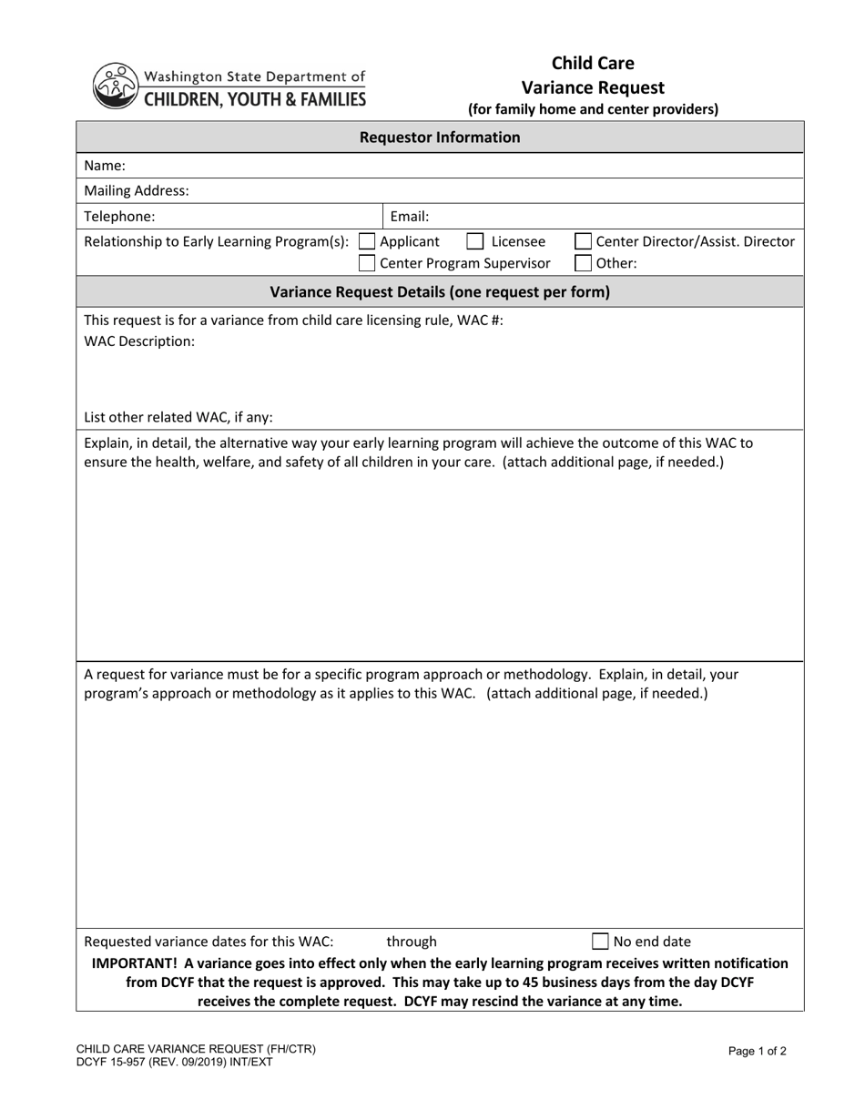 DCYF Form 15-957 Child Care Variance Request (For Family Home and Center Providers) - Washington, Page 1