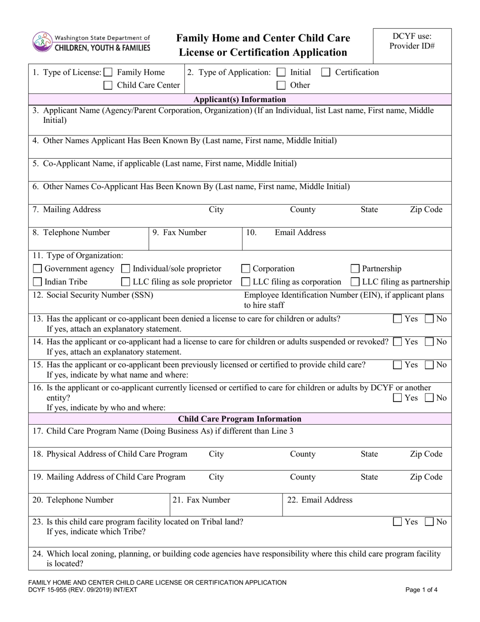 DCYF Form 15-955 Family Home and Center Child Care License or Certification Application - Washington, Page 1
