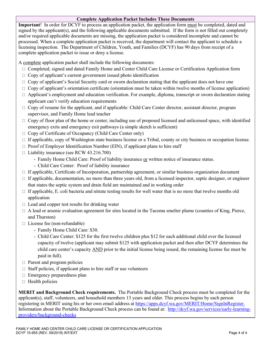 DCYF Form 15-955 Family Home and Center Child Care License or Certification Application - Washington, Page 4