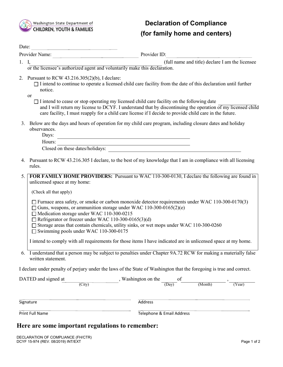 DCYF Form 15-974 Declaration of Compliance (For Family Home and Centers) - Washington, Page 1