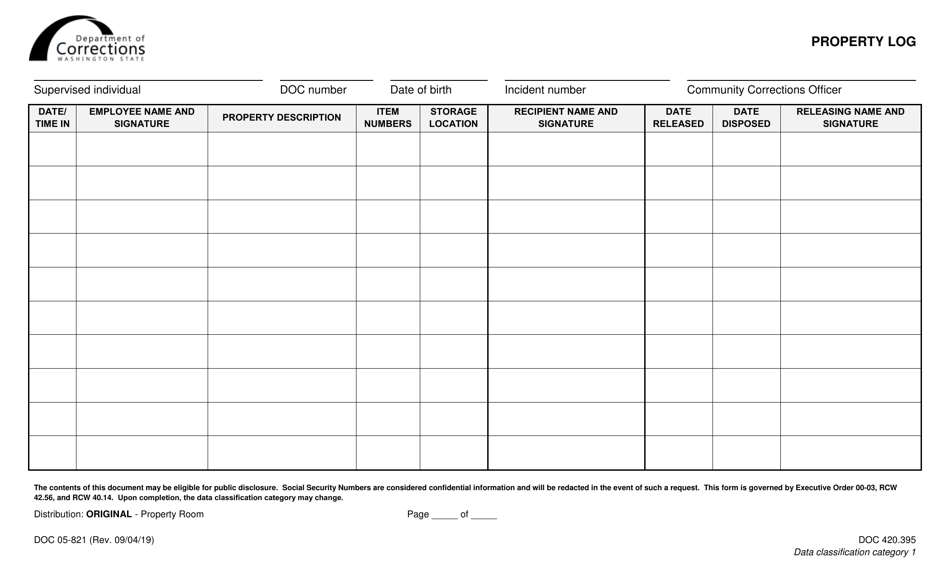 Form DOC05-821 Property Log - Washington, Page 1