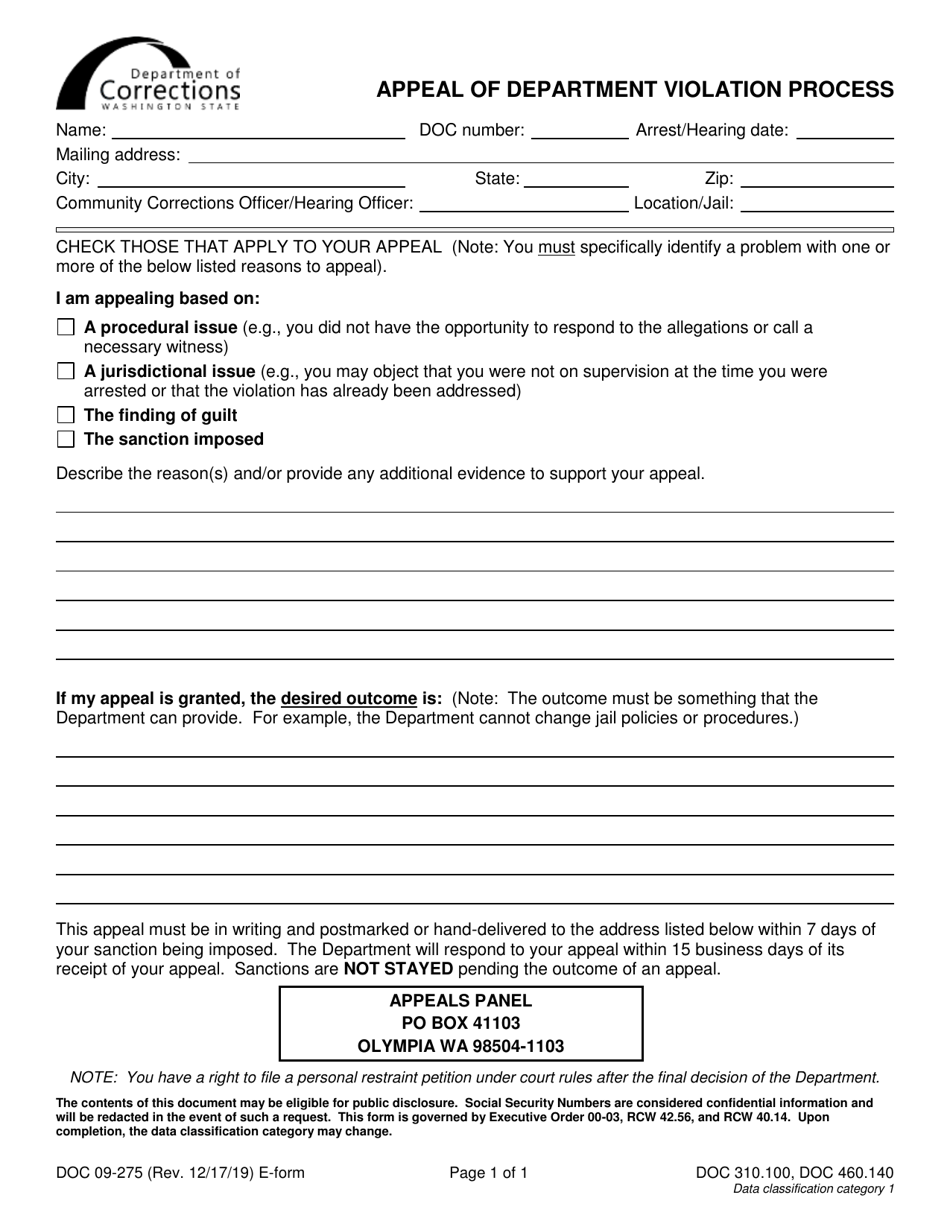 Form DOC09-275 Appeal of Department Violation Process - Washington, Page 1