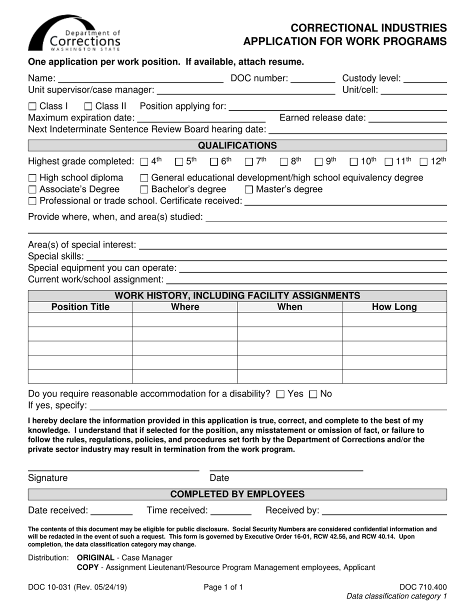 Form DOC10-031 Correctional Industries Application for Work Programs - Washington, Page 1