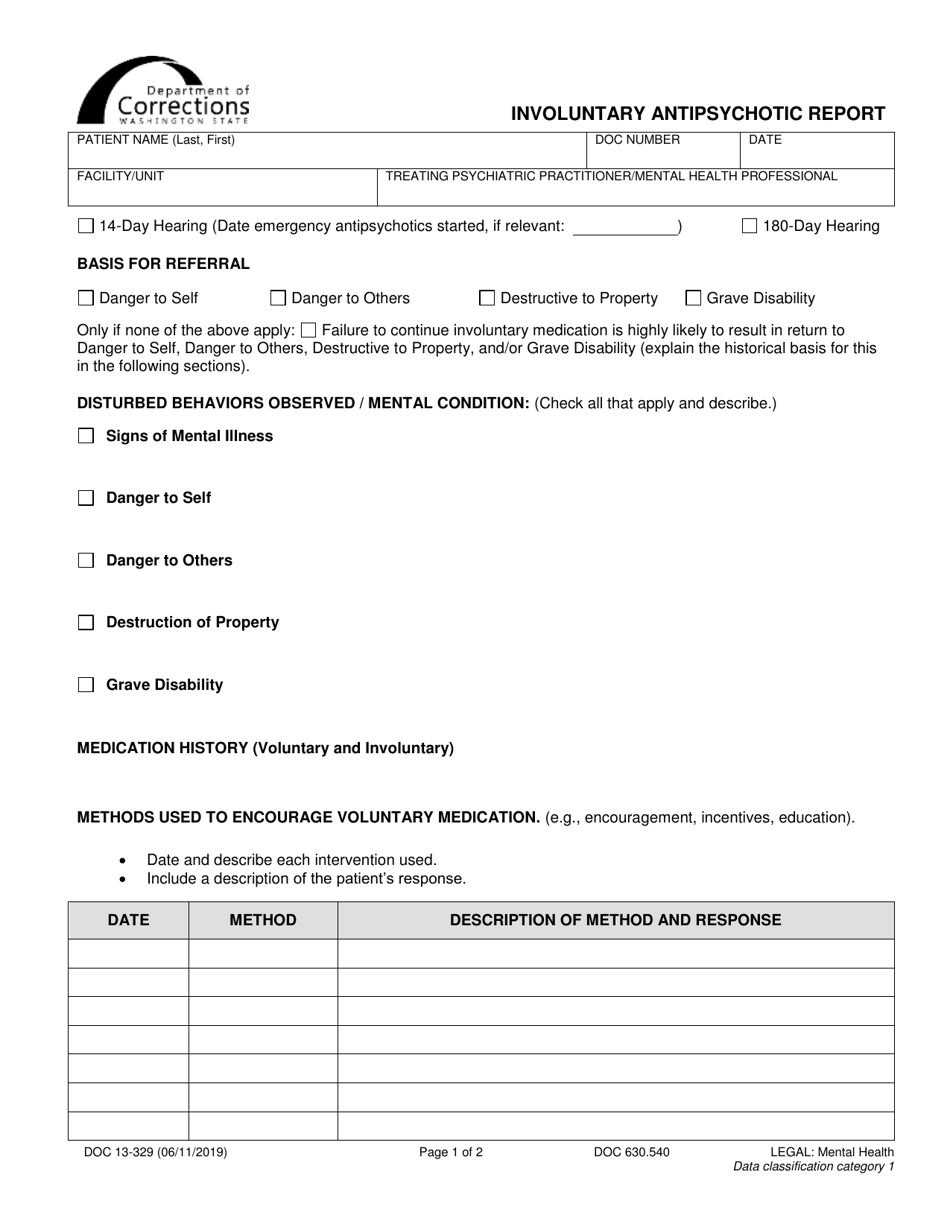 Form DOC13-329 Involuntary Antipsychotic Report - Washington, Page 1