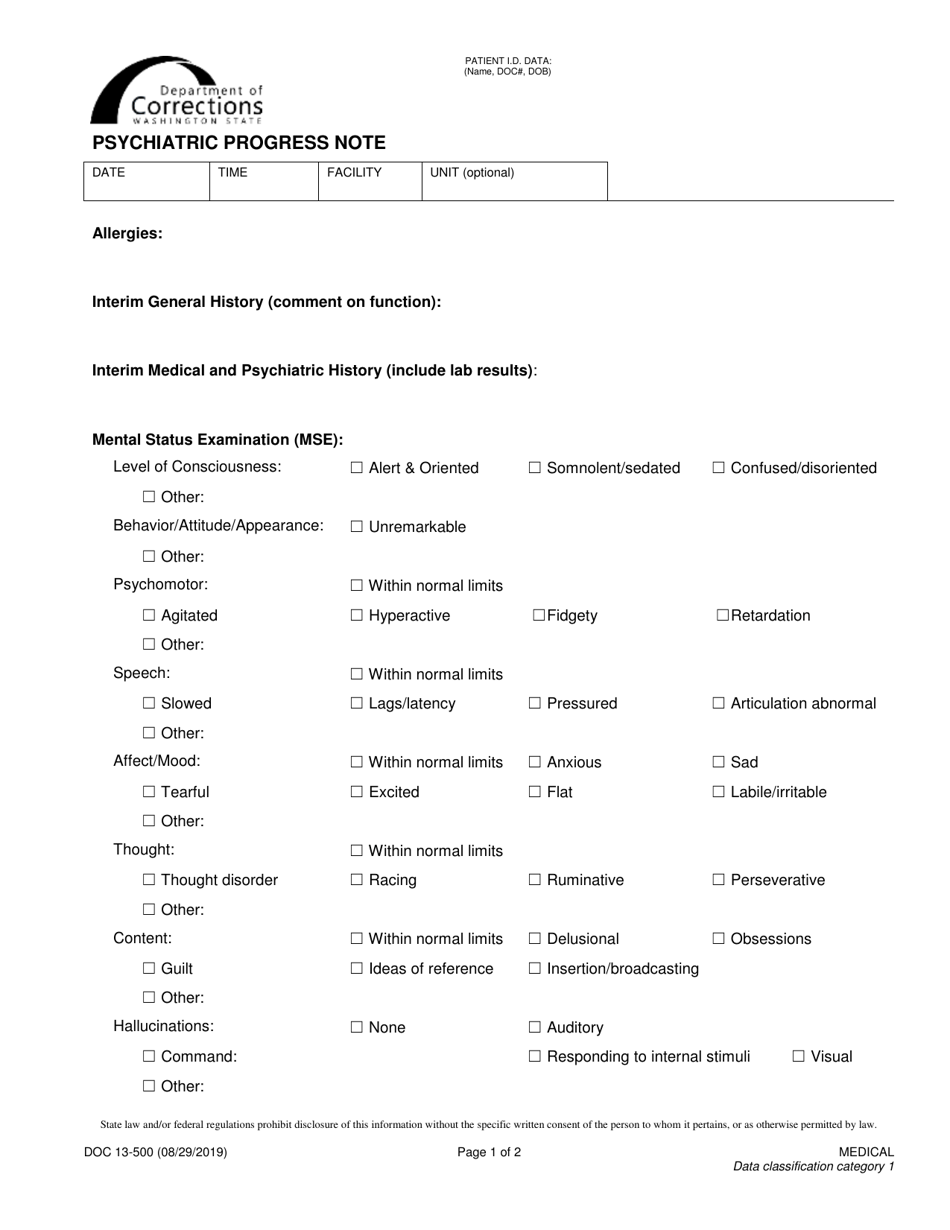 Form DOC13-500 Psychiatric Progress Note - Washington, Page 1