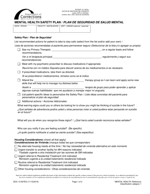 Form DOC13-527ES Mental Health Safety Plan - Washington (English/Spanish)
