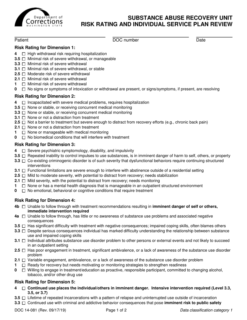 Form DOC14-081 American Society of Addiction Medicine Risk Rating and Individual Service Plan Review - Washington, Page 1