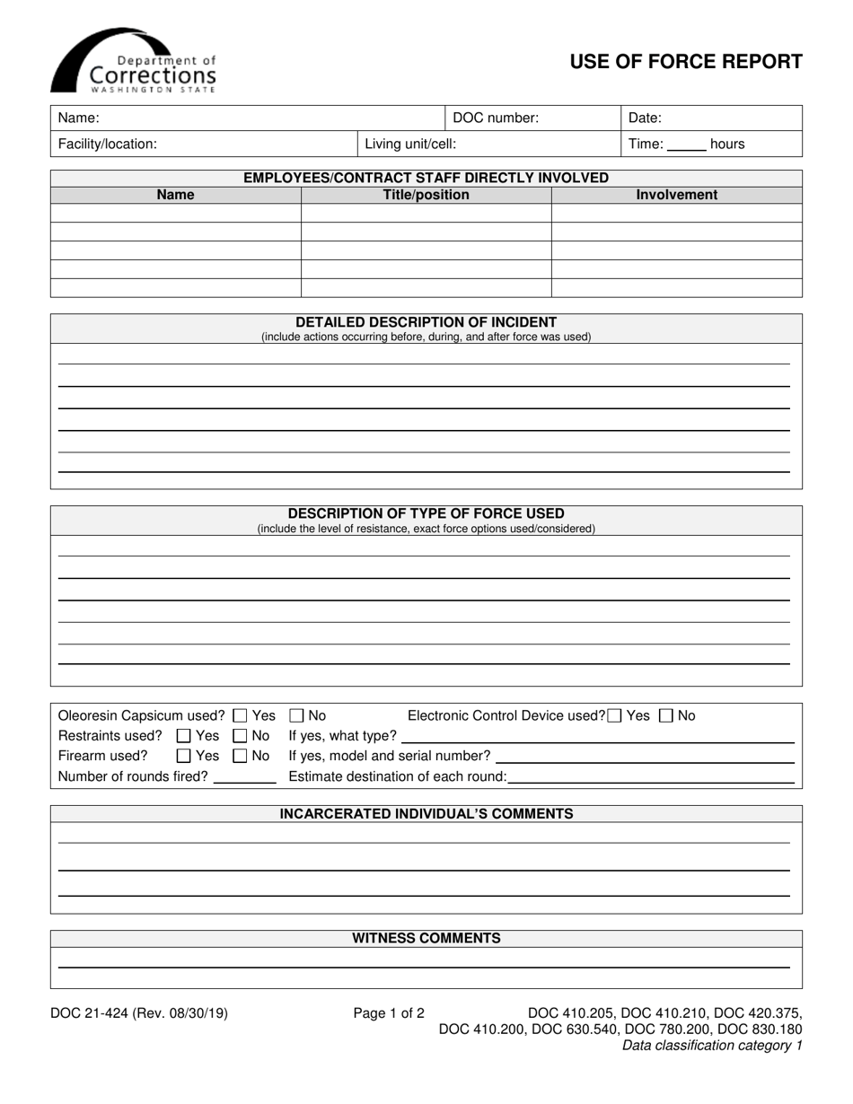 Form DOC21-424 Use of Force Report - Washington, Page 1