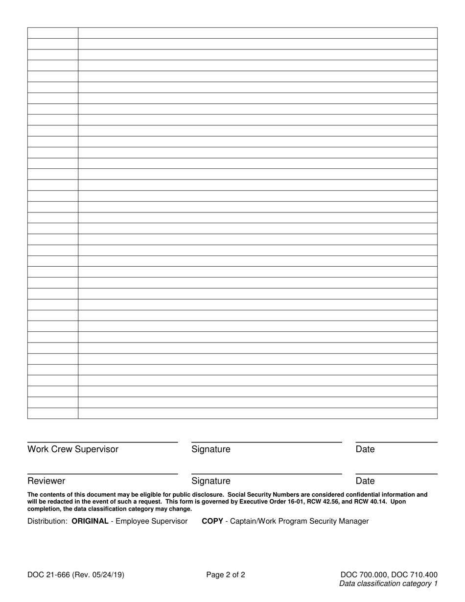Form DOC21-666 Off-Site Work Crew Daily Log - Washington, Page 2