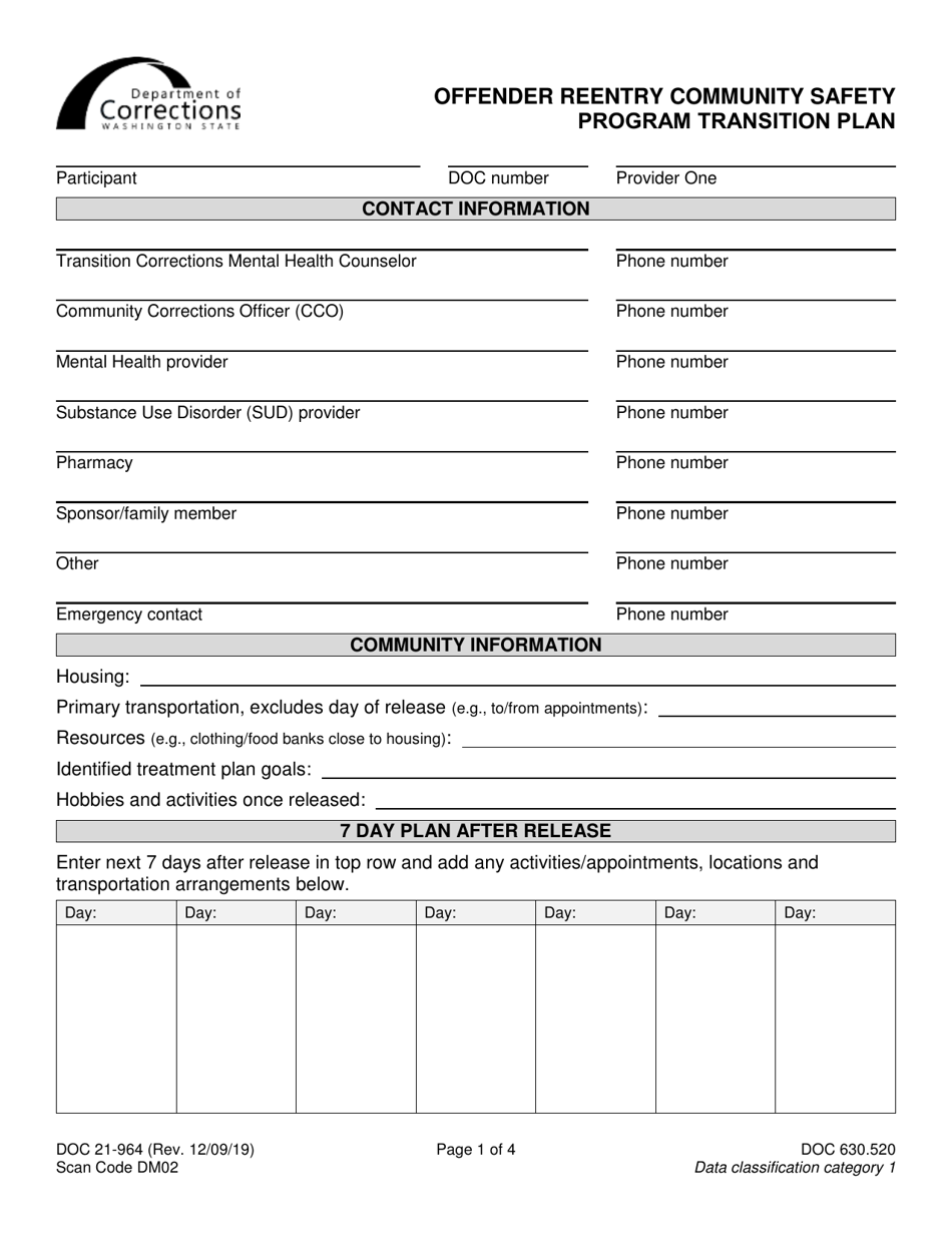 Form DOC21-964 Offender Reentry Community Safety Program Transition Plan - Washington, Page 1
