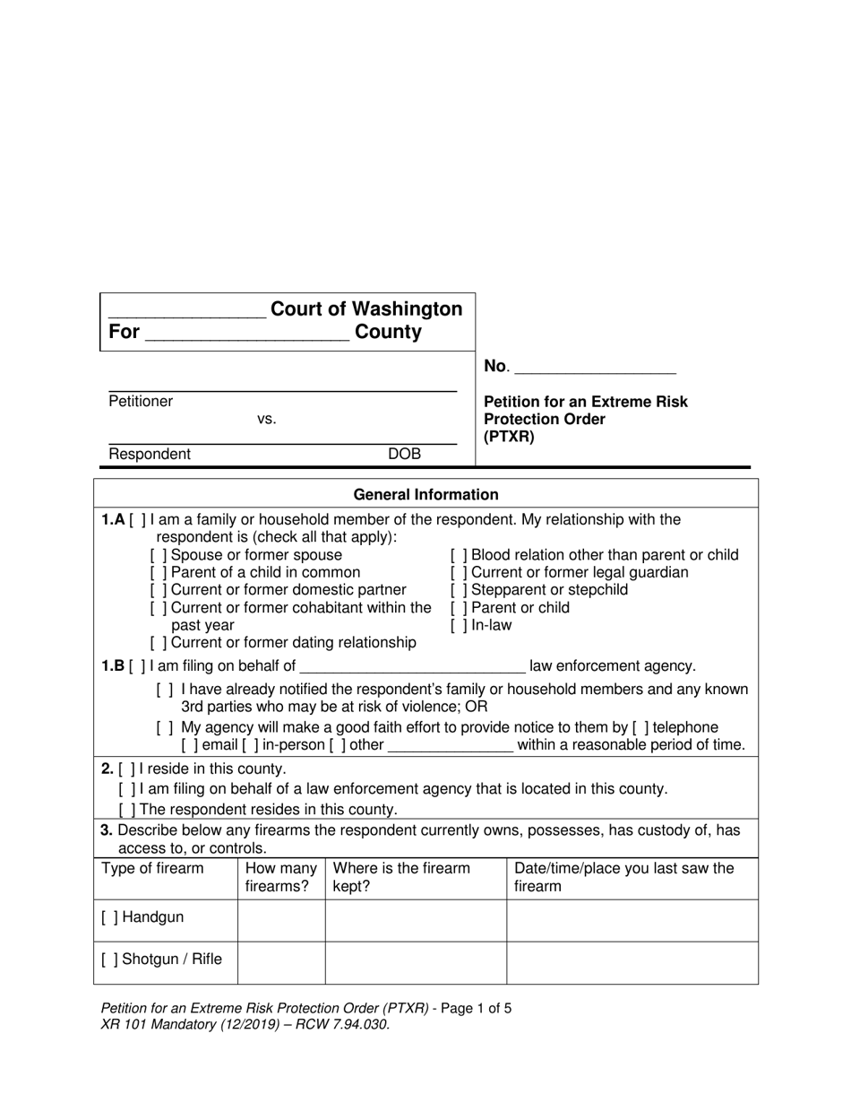 Form XR101 Petition for an Extreme Risk Protection Order - Washington, Page 1