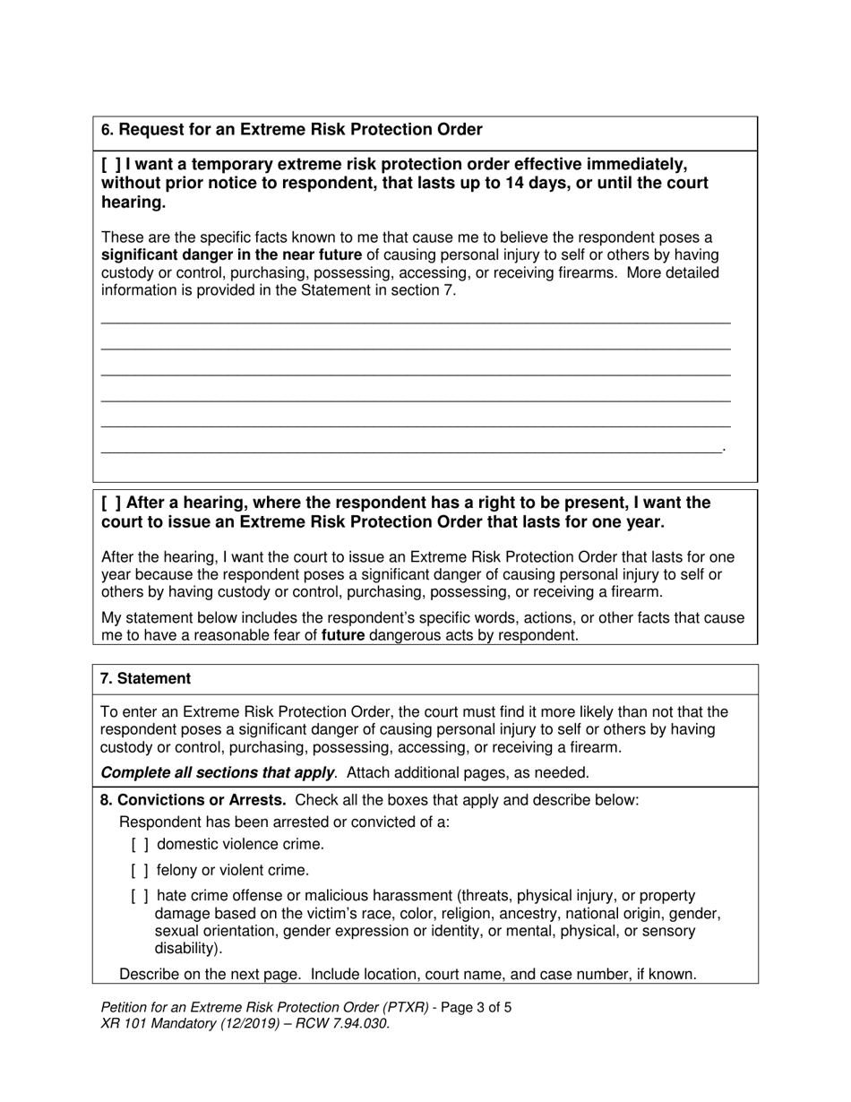 Form XR101 Petition for an Extreme Risk Protection Order - Washington, Page 3