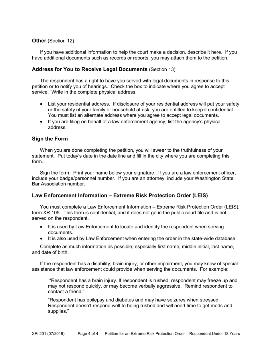 Instructions for Form XR201 Petition for an Extreme Risk Protection Order - Respondent Under 18 Years - Washington, Page 4