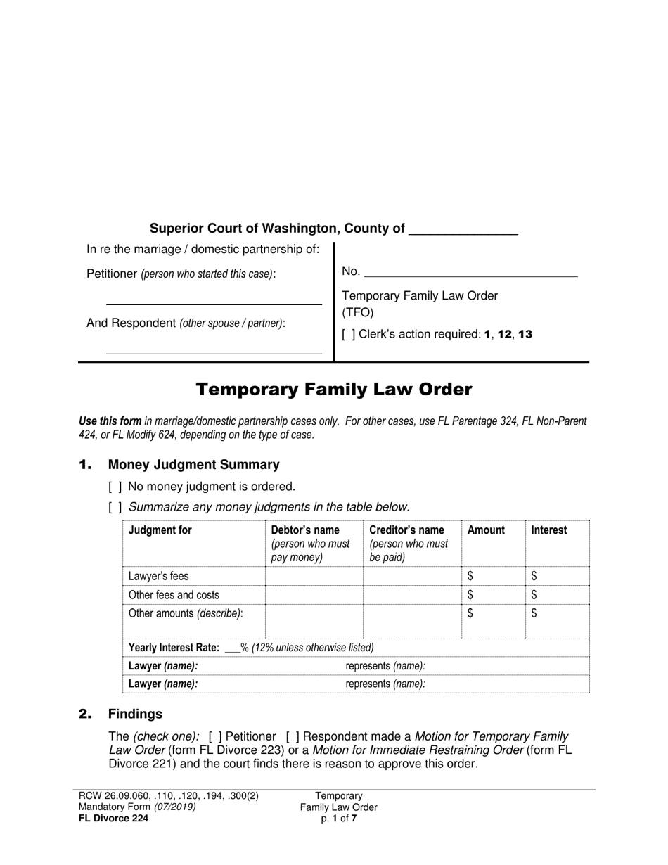 Form FL Divorce224 Temporary Family Law Order - Washington, Page 1