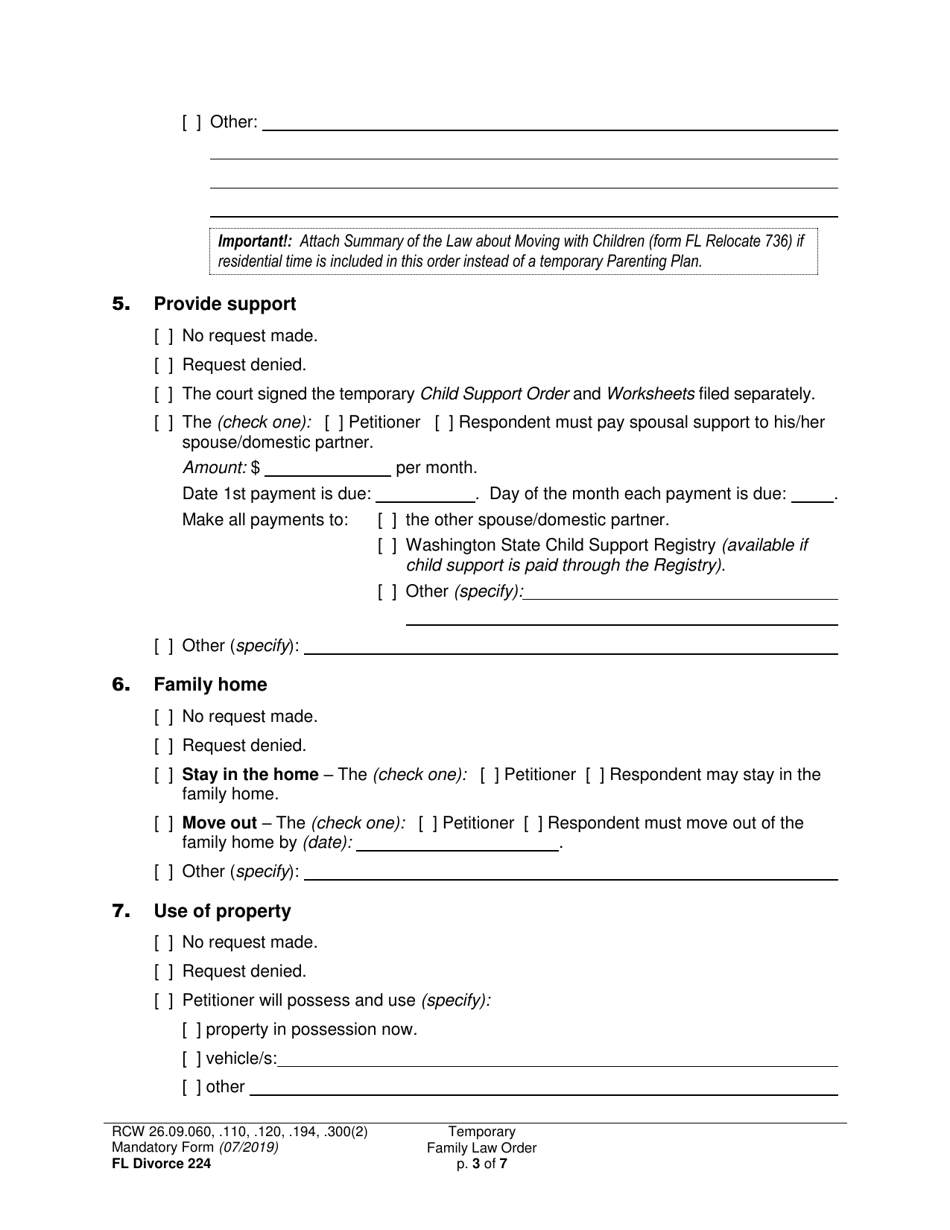 Form FL Divorce224 Temporary Family Law Order - Washington, Page 3