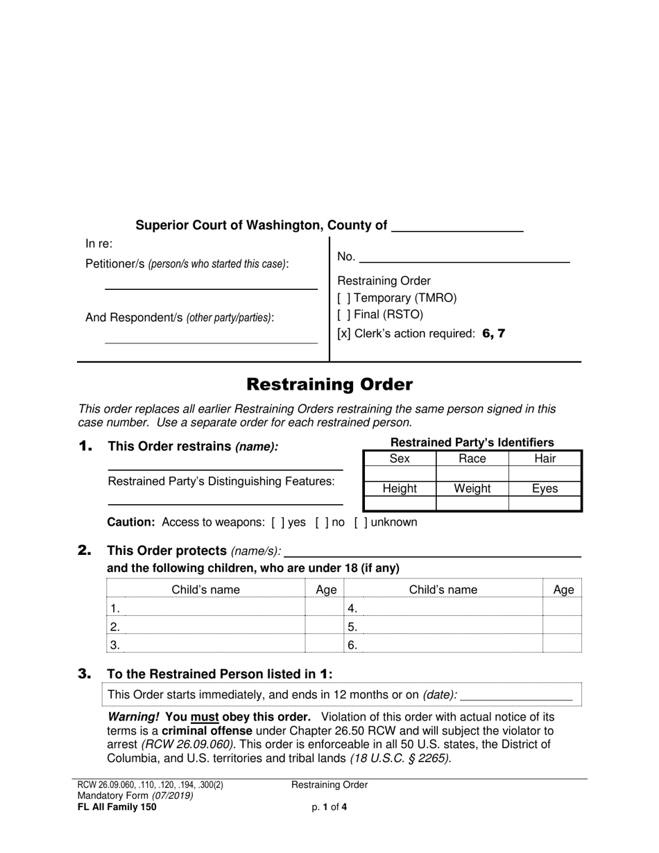 Form FL All Family150 Restraining Order - Washington, Page 1