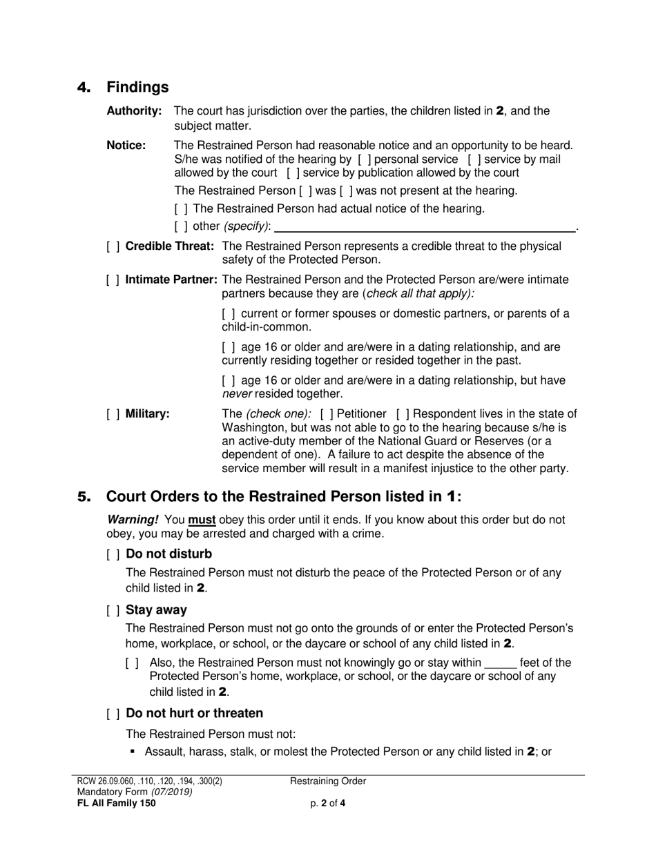 Form FL All Family150 Restraining Order - Washington, Page 2