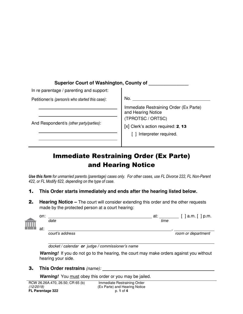 Form FL Parentage322 Immediate Restraining Order (Ex Parte) and Hearing Notice - Washington, Page 1