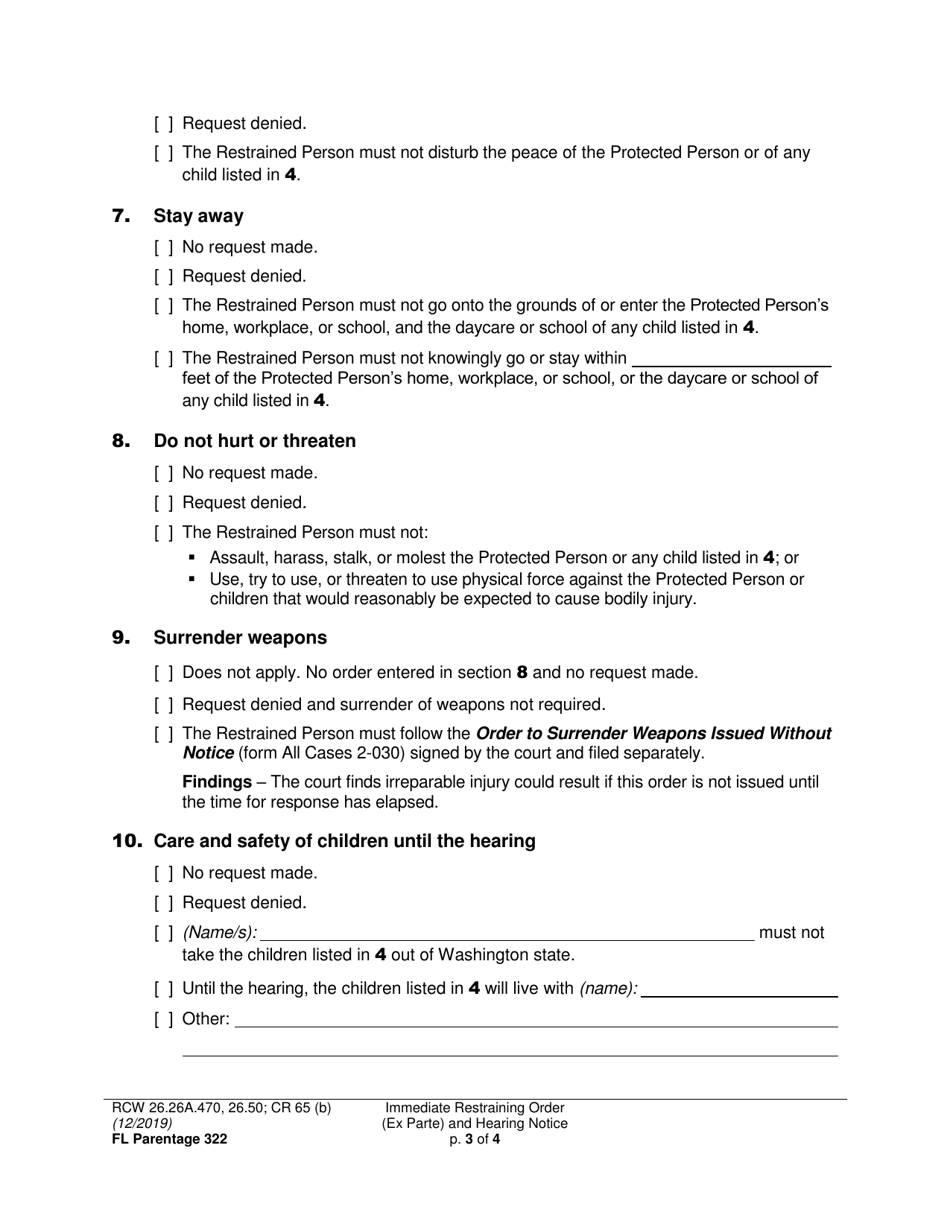 Form FL Parentage322 Immediate Restraining Order (Ex Parte) and Hearing Notice - Washington, Page 3